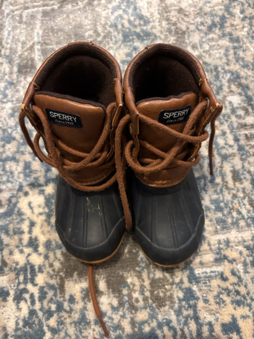 Sperry Brown Leather and Navy Rubber Kids Rain Boots